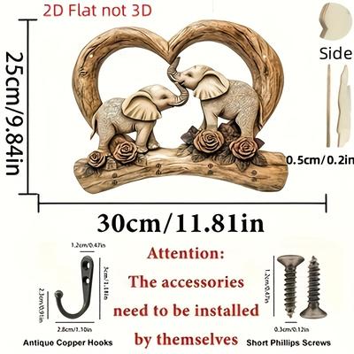 TEMU 2d Flat, Heart-shaped Key Holder - Colorful Wooden Wall Art With 4 Metal Hooks, ''x9.84'', Vintage Home Decor For Entryway, Porch, Or Room, Elephant Decor Image