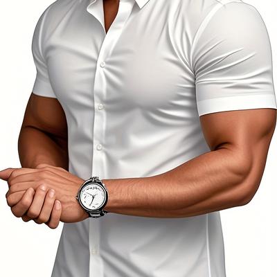 TEMU Men's Slim-fit Solid Color Short Sleeve Shirt - Breathable Polyester, Elegant Dark Blue With Single Button , Casual , Business Casual Attire | Minimalist Style | Stylish Casualwear Image