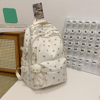 TEMU Large Capacity Women's Backpack With Rose Print, Multiple Compartments & Pockets, Thick Polyester Student Bag With Teddy Bear Pendant Accessory, White Zip-up Backpack Image