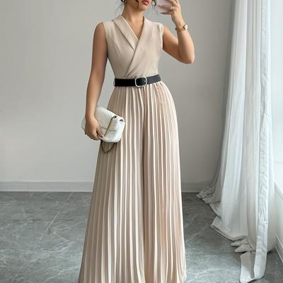 TEMU Elegant Sleeveless Pleated Wide-leg Jumpsuit With V-neck & Belt - Beige, Machine Washable, Women’s , Occasion Outfit | Pleated Trousers | Image