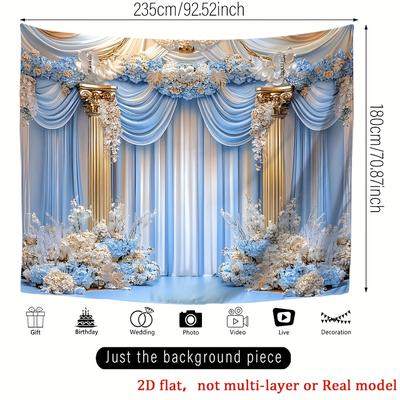 TEMU 1pc Elegant Polyester Castle Backdrop Banner, Blue And White , Versatile Wall Decor For Celebration, Birthday, Anniversary, Easy Setup For Indoor And Outdoor Events