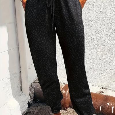 TEMU Leopard Print Pants For Women - Casual Fit, Knit Fabric, Elasticated Drawstring, Adult, , With Pockets, Polyester Image