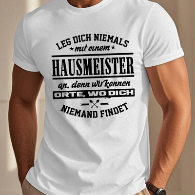 "TEMU Men's Humorous German Quote T-shirt - Casual Crew Neck, Short Sleeve Summer Top With "hausmeister" Design, Dark Blue, Lightweight Polyester Fabric For Casual Attire, Funny T Shirt" Image