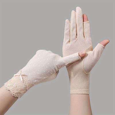 TEMU 1 Pair Summer Lace Gloves, Breathable Sunscreen, Elastic Thin Mittens, Sports Gloves With Pull On Closure For Outdoor - Hand Washable, Sun Protection | Elegant Lace Detailing | Elastane Image