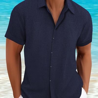 TEMU Men' Summer Wedding Party Banquet Linen Collar Festival Formal Business Casual Party Shirt Invisible Button Top Casual Short Sleeve Dark Stable Mature Shirt Image
