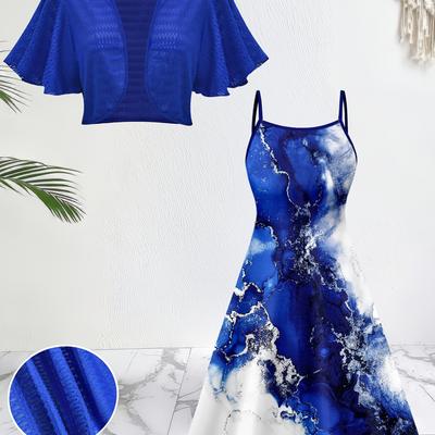 TEMU Elegant Two-piece Set Featuring A Solid Color Short-sleeve Top With A Stylish Printed Camisole Dress. Image