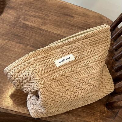 TEMU 1pc Chic Jacquard Makeup Bag - Beige & White Chevron Pattern, Durable Zippered Travel Toiletry Organizer, Perfect Gift For Women, & Sisters On Birthdays Or Christmas Image