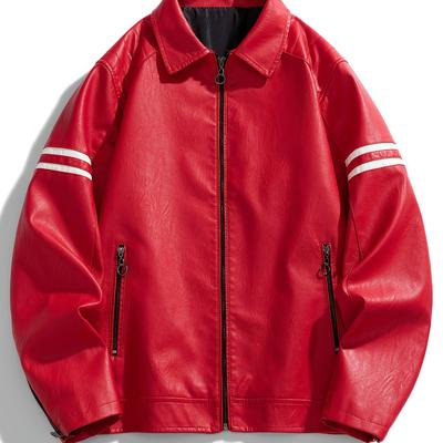 TEMU Vintage American-style Men's Jacket With Striped Stitching, Zipper Closure, And Pockets - Windproof, Fashionable, And Versatile Outerwear For Bikers, Casual Wear Jacket|vintage Jacket| Jacke Image