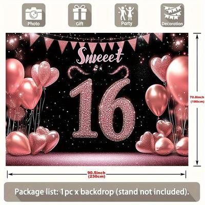 TEMU 1pc Sweet 16 Party Banner - Glittery Background With Balloons And Confetti, Polyester Wall Decor For Teen Celebrations, 90.55x70.8inch, Pirate Ship Theme, Birthday Party Decoration Image