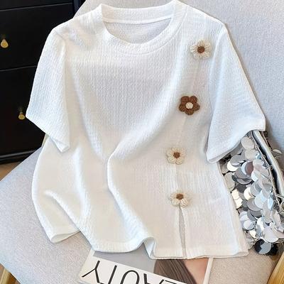 TEMU Women's Elegant Short Sleeve T-shirt With Floral Applique - Solid Color, Regular Length, Summer Style, White With Brown Flowers And Bow Details, Cute T Shirts Image