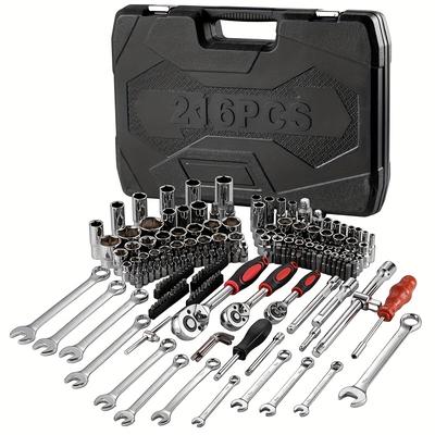 "TEMU 216pcs Socket Set, Ratchet Box Wrench Set For Car, With 1/4", 3/8" And 1/2" Reversible Ratchet, Ratchets, Sockets, Bit Set, Socket Inserts, Toolbox" Image