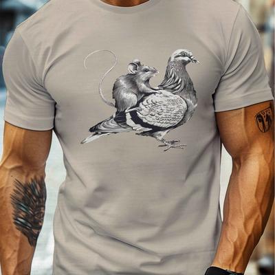 TEMU Men's Casual Crew Neck Short Sleeve T-shirt - Mouse On , Lightweight Summer Top, Black With , Polyester , Machine Washable, Comfortable Clothing | Humorous Design | Smooth Texture Shirt Image