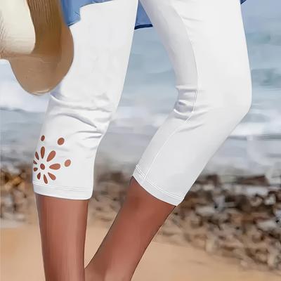 TEMU Women's High-waisted White Leggings With Floral Cut-out Detail - Stretchy, Breathable Pants For Beach, & Casual Wear, Apparel | Floral Pattern Leggings | Image