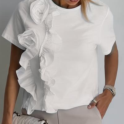 TEMU Elegant Women's Summer T-shirt - Solid Color White With Shoulder Detail, Style, Lightweight Polyester Fabric, Casual Attir Image