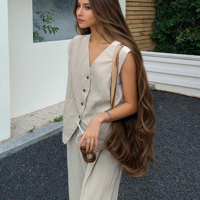 TEMU Korean Style Two-piece Set For Women - Sleeveless V-neck Top & Wide-leg Pants, Polyester Blend, Spring/summer Collection Image
