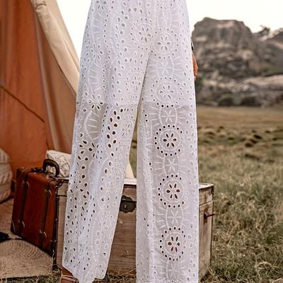 TEMU Women's Elegant Vacation Straight-leg Pants - Solid Color Lace Detailing, Machine Washable Non-stretch Fabric For Spring Summer Fall, Casual Outdoor & Travel Wear Image
