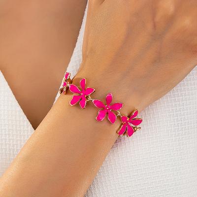TEMU Elegant Women's Fashion Bracelet With Vibrant Pink Enamel Flower Charms - 3d , Alloy, & Parties, Versatile Jewelry|| Alloy Bracele Image