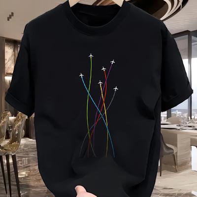 TEMU Men's 100% Cotton T-shirt With Vibrant Airplane Geometric Print - Relaxed Fit Short Sleeve, Ribbed Neckline & Machine Washable - In Black Multi-, Casual Wear | Modern Casual Tee | Soft Fabric Tee Image