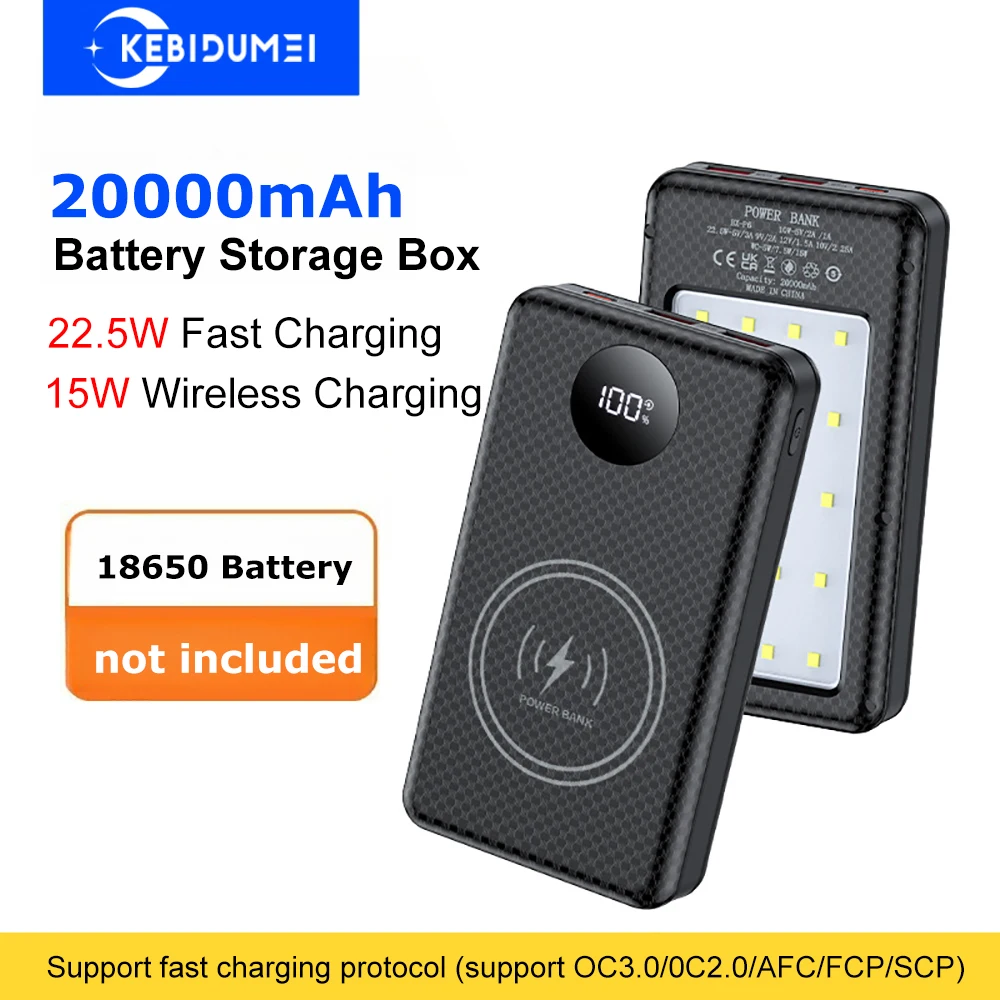 37,5 W Schnelllade-Batteriekasten, 22,5 W, verkabelt + 15 W, kabellos, 20000 mAh, 6 x 18650, externes Powerbank-Gehäuse, Ladegerät, Aufbewahrungsbox Image