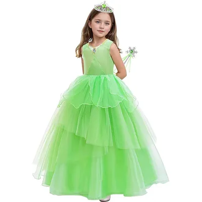 Mädchen Partykleid Kinder Prinzessin Fee Fancy Green Wings Kleid mit Zauberstab Halloween Cosplay Elf Geburtstag Party Karneval Kleid Image