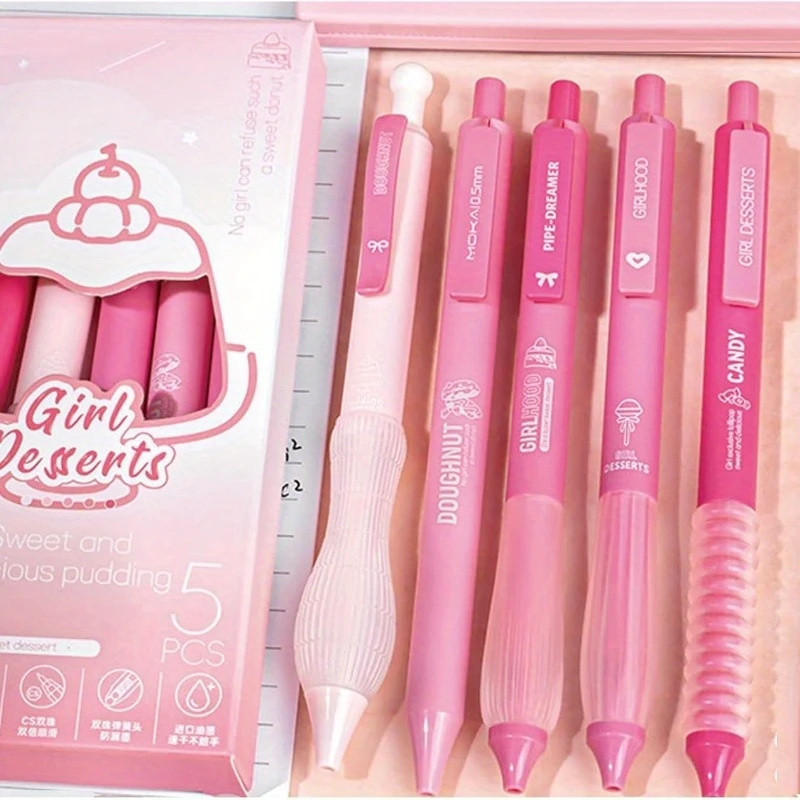 SHAMDS 5 Stück niedliche einziehbare Gelstifte, Kawaii 0,5 mm schwarze Tinte Schreibstift Farbverlauf ästhetischer Stift Glatte Schreibstifte für das Büro Image