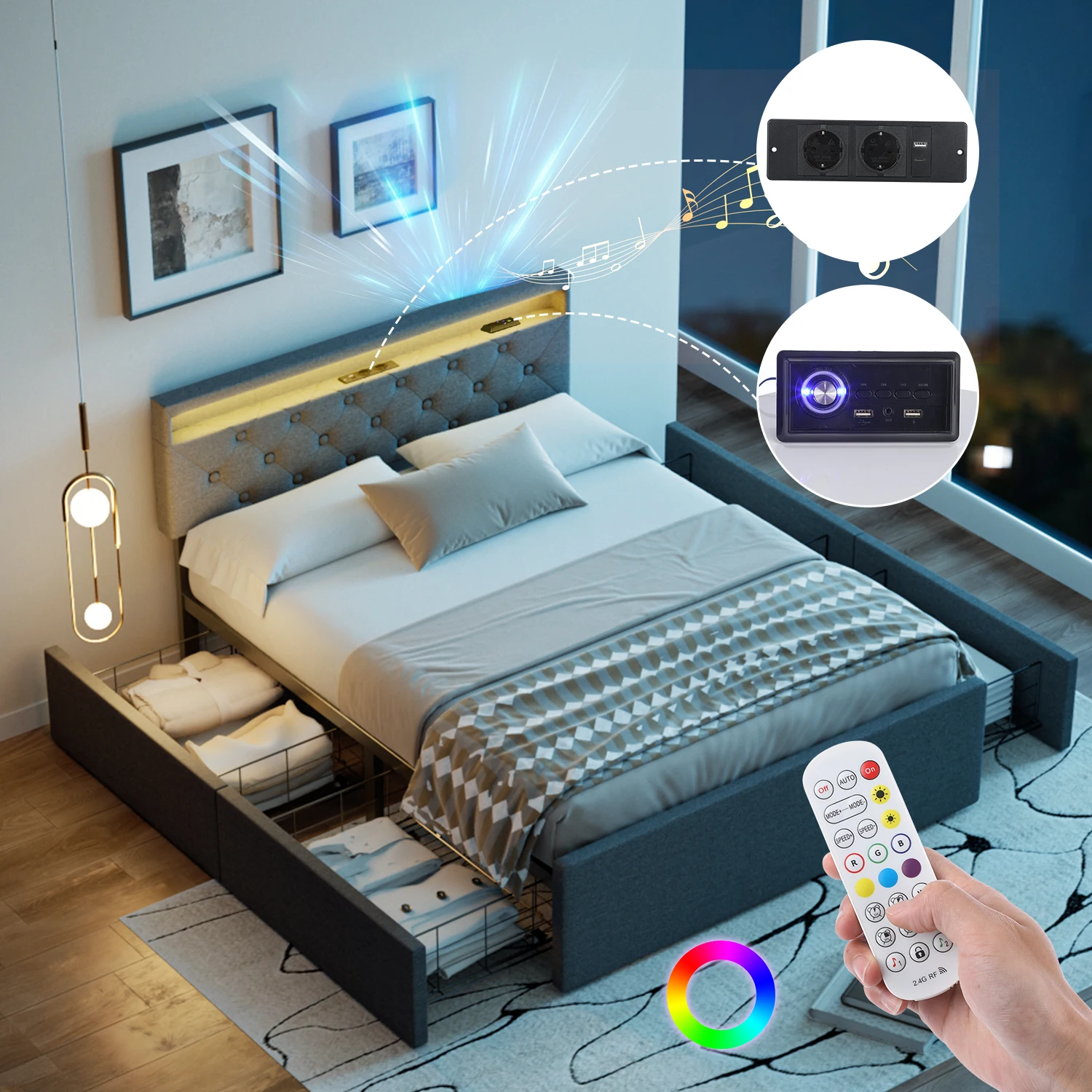 Polsterbett 140x200 cm,LED Doppelbett mit 4 Schubladen und Lattenrost,Kopfteil mit stauraum und USB-Ladefunktion,Bett Funktionsbett Stauraumbetten Jugendbett Rückenlehne Bettgestell,Leinen,Grau Image