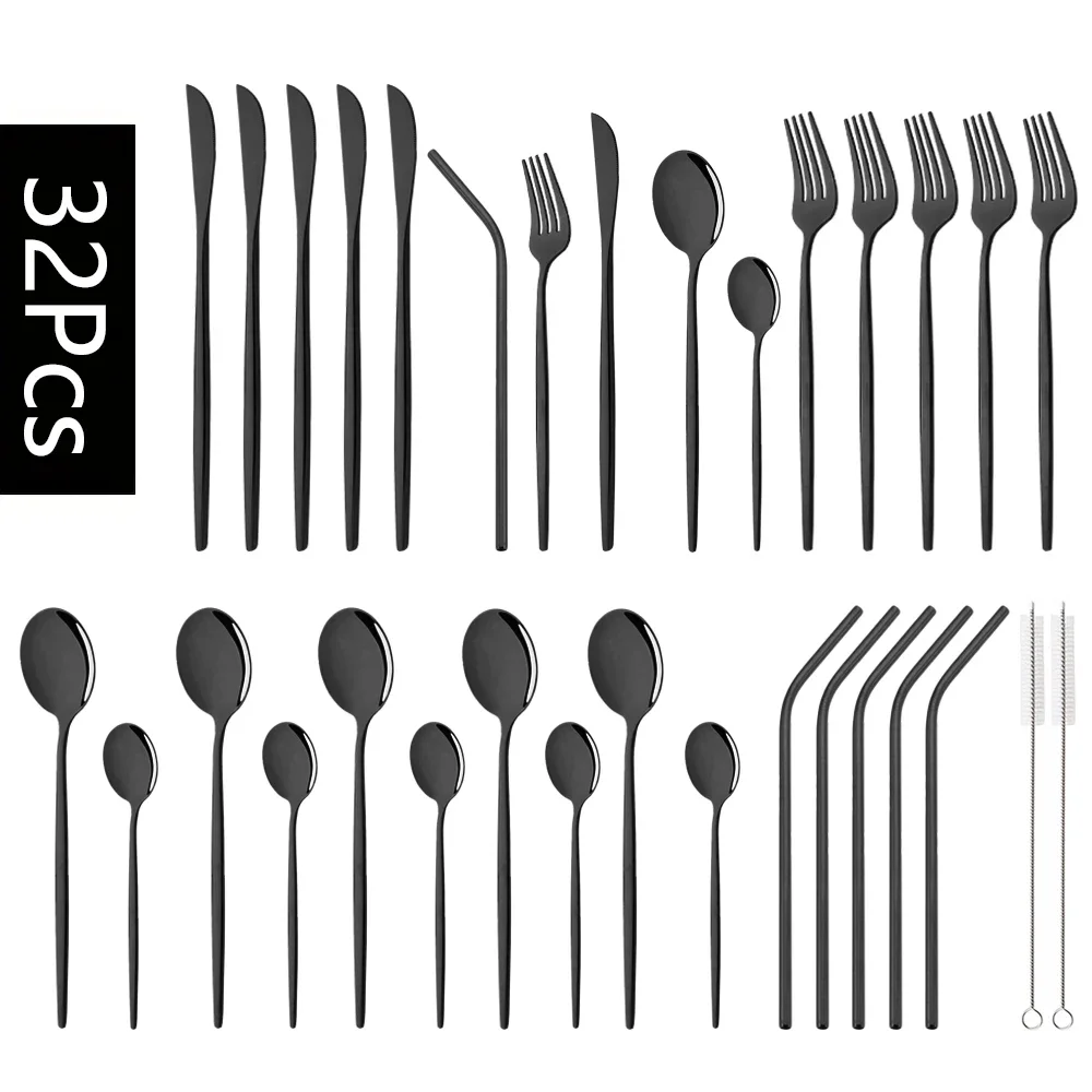32Pcs Edelstahl Geschirr Set Küche Schwarz Besteck Messer Gabel Löffel Stroh Besteck Geschirr Westlichen Besteck Set Image