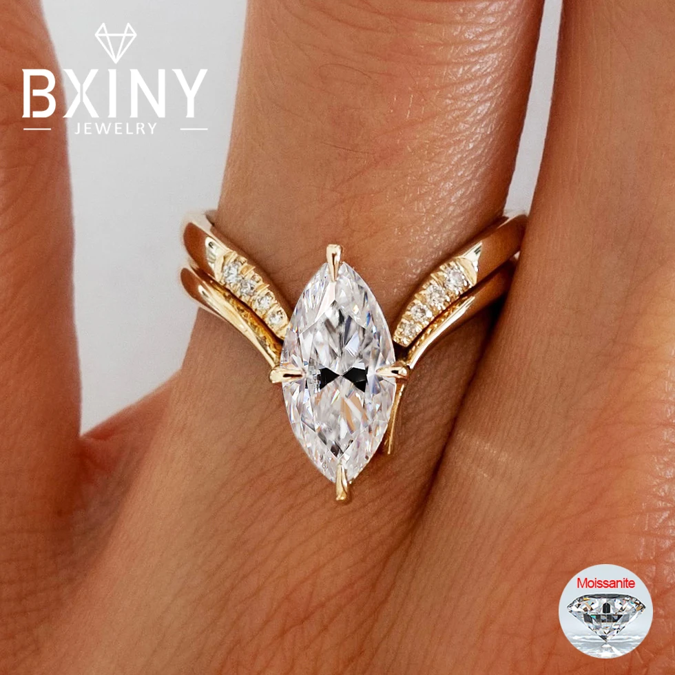 BXINY Set di anelli Moissanite con taglio marquise S925 Piatto d'argento in oro 18 carati per le donne GRA Certificato Lab Diamond Wedding Band Regali Gioielli
