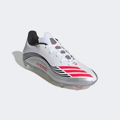 Fußballschuh ADIDAS PERFORMANCE "F50 MESSI LEAGUE FG/MG", Gr. 46, cloud weiß, lucid rot, silber metallic, Synthetik, sportlich, Schuhe, geeignet für Rasen- und Kunstrasenplätze Image