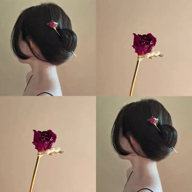 Romantische ewige getrocknete Rosen-Haarnadeln für Frauen, neue elegante Haarstäbchen im chinesischen Stil, Nachahmung von Perlen, Lotus-Quasten-Essstäbchen