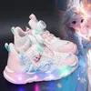 Disney LED Casual Sneakers Frühling Mädchen Gefrorene Elsa Prinzessin PU Leder Schuhe Kinder