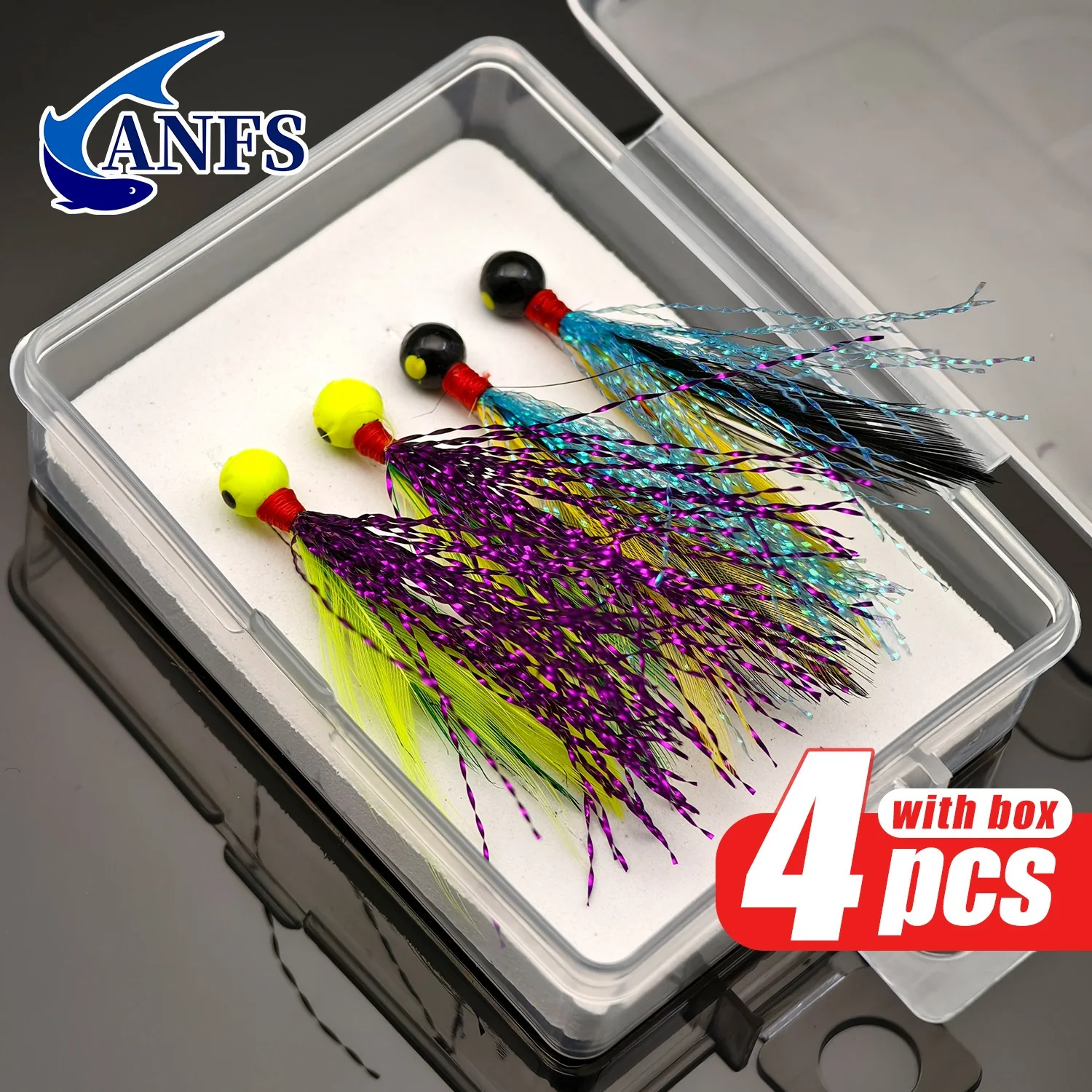 ANFS 4 Stück Fliegenfischen-Köder mit Box, Jigköpfe, Kugelkopf, Angelhaken, Jig-Köder, 3D-Augen, Angeln, Jigging-Köder Image