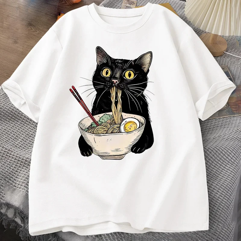 Nudel Ramen Katze T-Shirt Frauen Foodie Liebhaber T Shirts Schwarze Katze Cartoon T Shirt Retro Casual Kurzarm T-shirt für Männer Kleidung Image