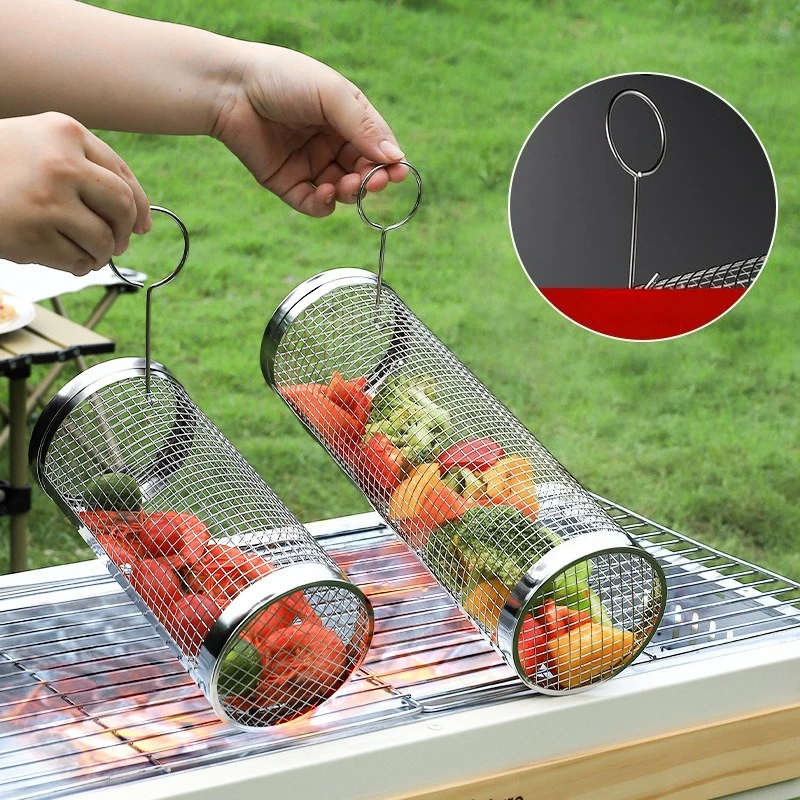 BBQ Grill Korb Roll Tragbare Edelstahl Grill Käfige Korb Camping Picknick für Kochgeschirr Outdoor Runde Grill Baske