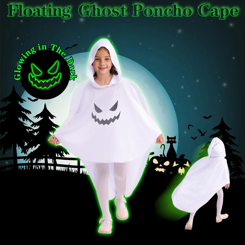 Gruseliges, im Dunkeln leuchtendes, schwebendes Geister-Poncho-Umhang für Kinder, Halloween-Kostüm für Fotos, Partys oder Storytime Image