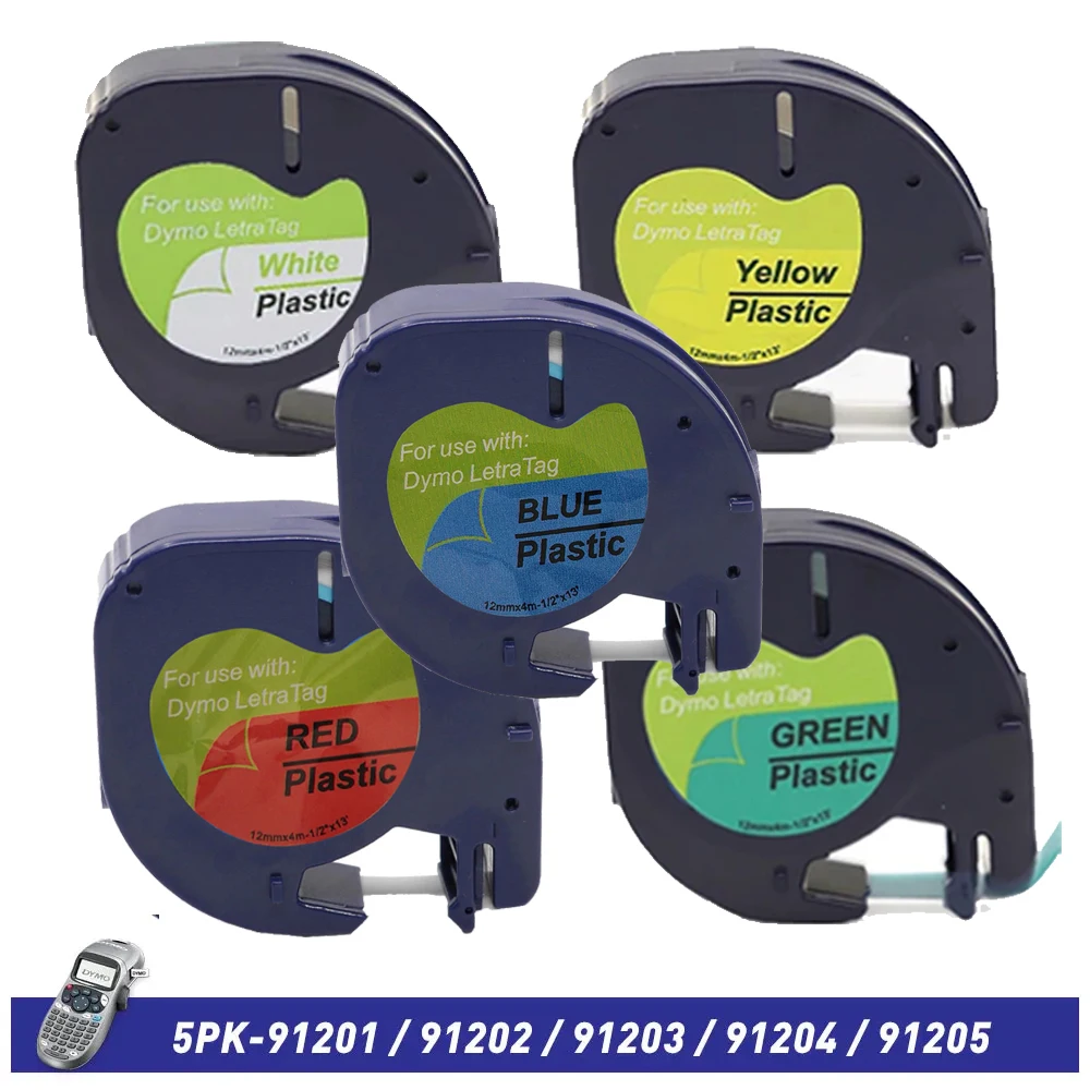 Kompatibles Dymo LetraTag Nachfüllband 91331, weißes Kunststoffetikettenband LT-100H 1/2 Zoll 91330, Papieretikett Dymo Estat Etikettenetikettendrucker, 12 mm x 4 m Image