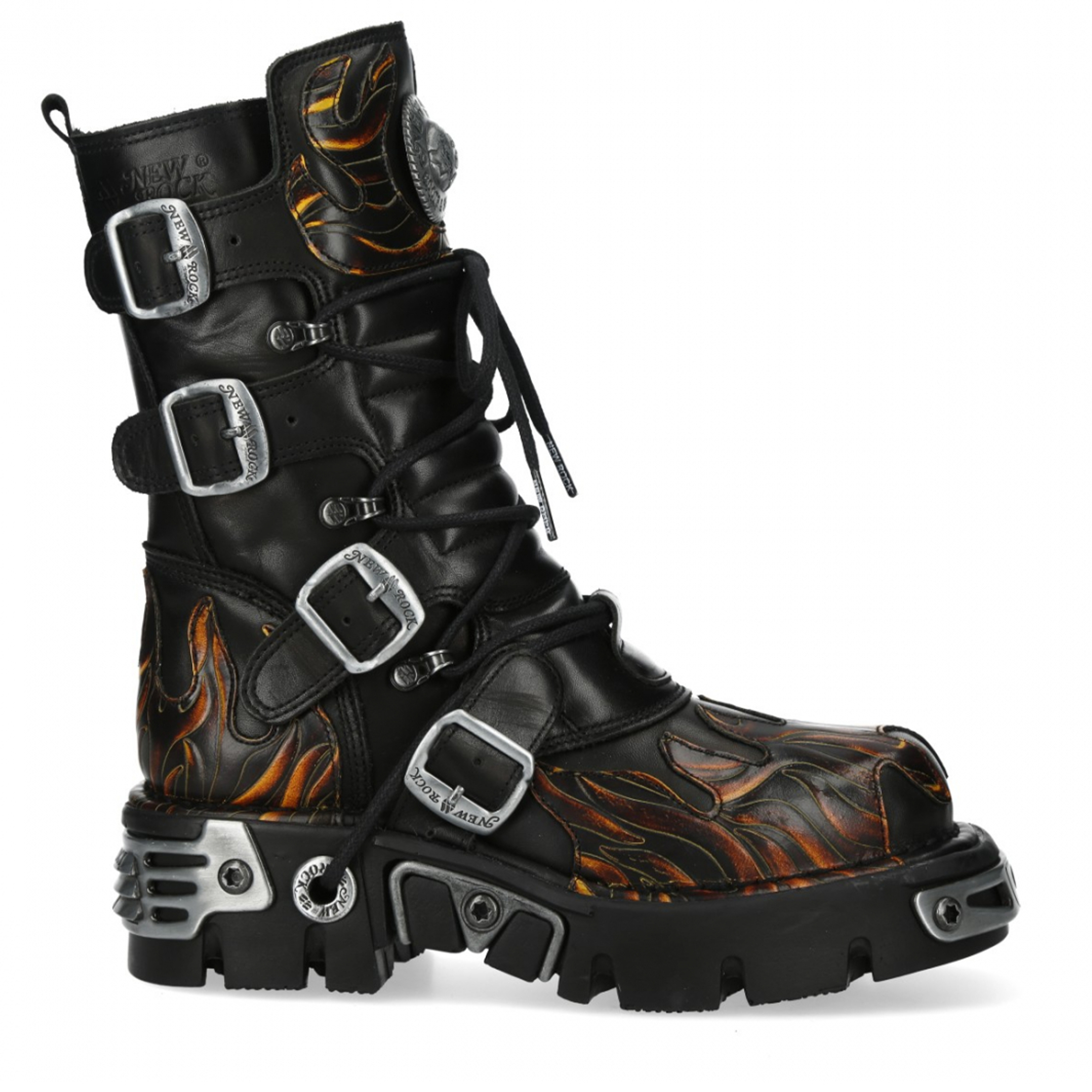 New Rock M-591-C58 Halbhohe Gothic-Stiefel aus schwarzem Flammenleder mit Metallic-Effekt