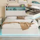 Lit capitonné Aura en bois 160x200 CM avec barre lumineuse LED, tête de lit avec espace de rangement, lit double, cadre de lit plat, cadre de lit en métal