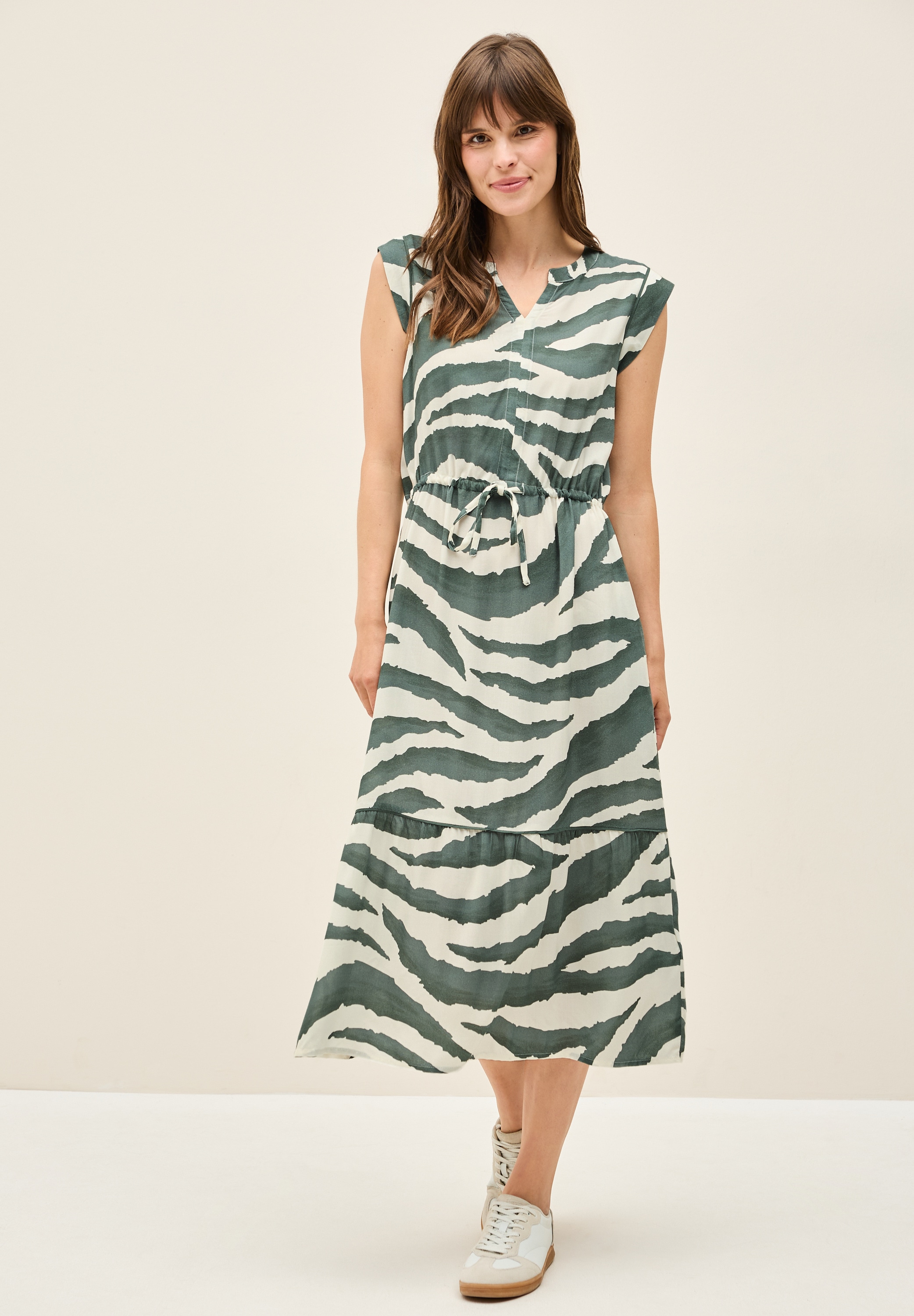 Sommerkleid CECIL, Damen, Gr. XL44, US-Größen, grün (schwarz balmy khaki), Stoff, 100% Viskose, unifarben, normal wadenlang, V-Ausschnitt, abgesteppt, Kleider Sommerkleid, in Unifarbe