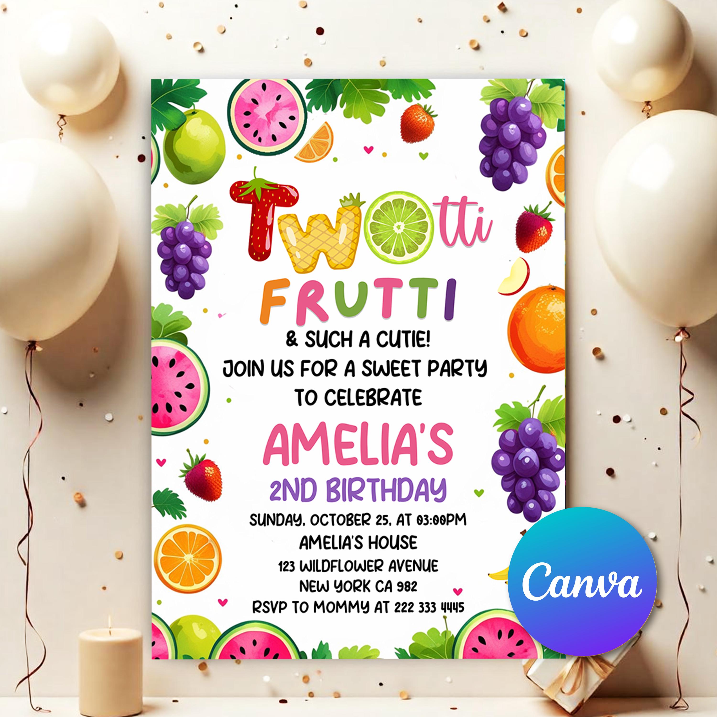 Invito di compleanno a tema Two-tti Frutti, invito per il secondo compleanno di una bambina a tema Two-tti Frutti, invito per il secondo compleanno a