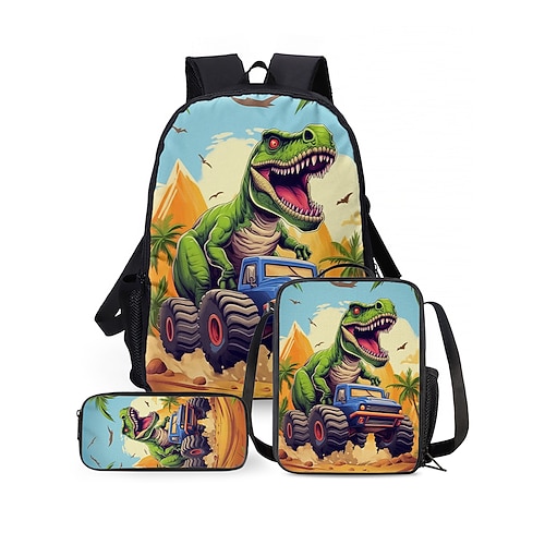 3-teiliges Dinosaurier-Rucksack-Set für Kinder mit Lunchtasche und Federmäppchen, T-Rex-Aufdruck, leichte Schultasche für Jungen, Mädchen und Grundschüler Image