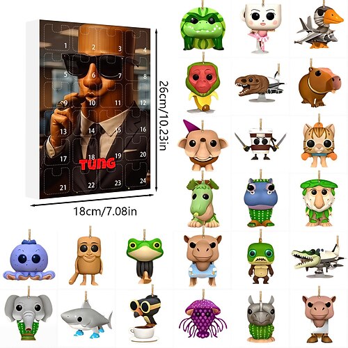Tung Tung Tung Sahur Adventskalender, 2D-Acryl-Ornamente, 24 Tage italienischer Brainrot-Anhänger, Adventskalender, einzigartige 24 Tage voller Überraschungen, Geschenkbox, Spaß kreative Image