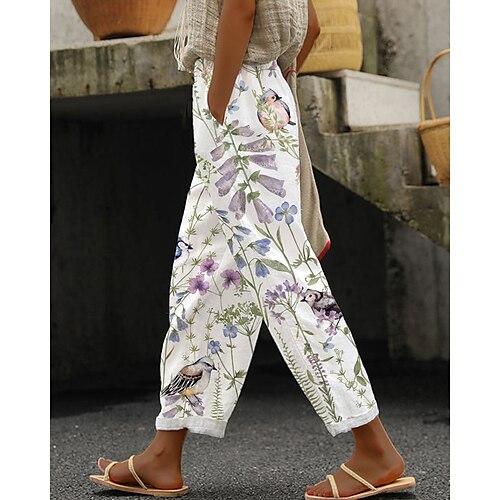 Damen Hose aus Baumwollleinen Abgeschnittene Hose Streetwear Boho Knöchellang Mittlere Taille Blumen Elastischer Bund Bequem Alltagskleidung Ausgehen Rosa Blau Purpur Grün Sommer Frühling Normale