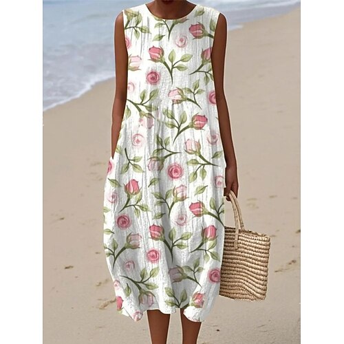 Damen Midi Kleid Leinenähnliches Maxikleid Urlaub Casual Boho Ausgehen Floral Grafik Ärmellos Rundhals Weiß Blau Orange Grün Sommer Frühling Image
