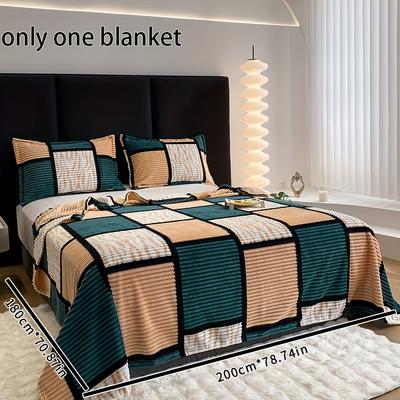 TEMU Luxurious Bohemian Throw Blanket - Soft Polyester, Hand-washable, Bed Cover In Teal, , And Brown Checkered Pattern, Cozy Bedspread Accessory | Bohemian Style Blanket | Soft Polyester Fabric Image