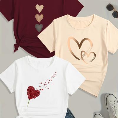TEMU 3pcs Print T-shirts - Casual Crew Neck Short Sleeve, Stretchy Polyester Knit, Machine Washable - Spring/summer/fall, Spring Summer Tops| Print Tee|glossy Image