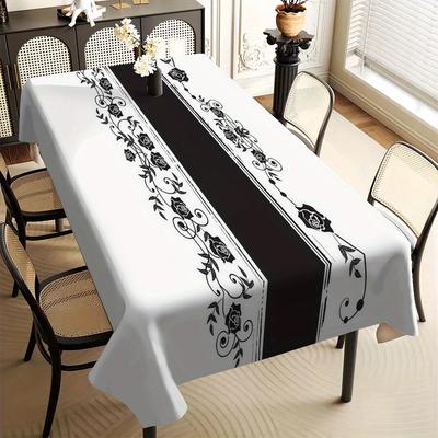 TEMU 1pc Elegant Square Tablecloth With Floral & Geometric Print - White Polyester Fabric, Dining Room Decor, Picnics, And Holiday Parties, Dining Table Decoration Image