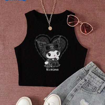 TEMU Kulomi Graphic Print Women's Tank Top & Shorts Set - Cute Anime Design, Black Sleeveless Top With Heart-shaped Character, Wide-leg Denim Shorts, Casual Wear, Apparel | Graphic Print | Polyester Image