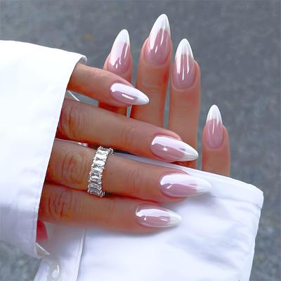 TEMU 24pcs Long Almond Press-on Nails - To White Gradient, Glossy Finish, Removable Fake Nails With Jelly Glue & Nail File Included Image