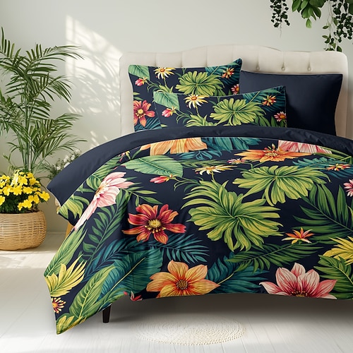 Tropische Pflanzen Blumen Bettbezug 100% Baumwolle Vollgröße Bettwäsche Set Bettsets Quiltbezug weicher leichter Komforterbezug mit 2 Kissenbezügen für jede Jahreszeit Image